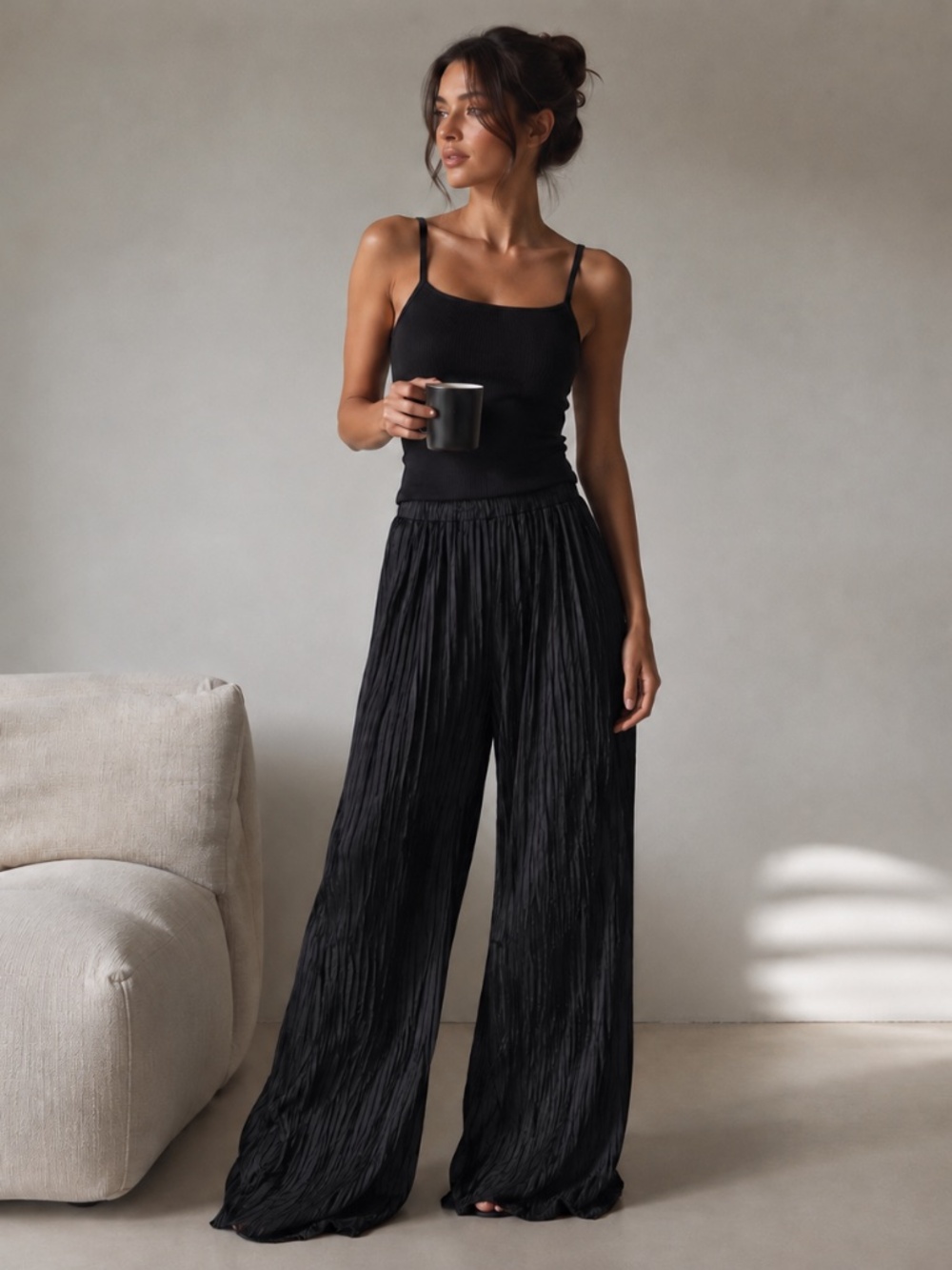 Vtg 90s C’est Duo Casablanca Black Plisse Micro-Pleats Palazzo Pants SzM Travel